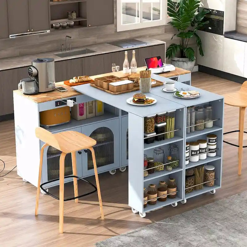 Îlot de cuisine roulant avec table extensible, portes en verre cannelé, casier à vin et prise de courant