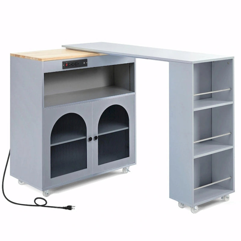 Îlot de cuisine roulant avec table extensible, portes en verre cannelé, casier à vin et prise de courant