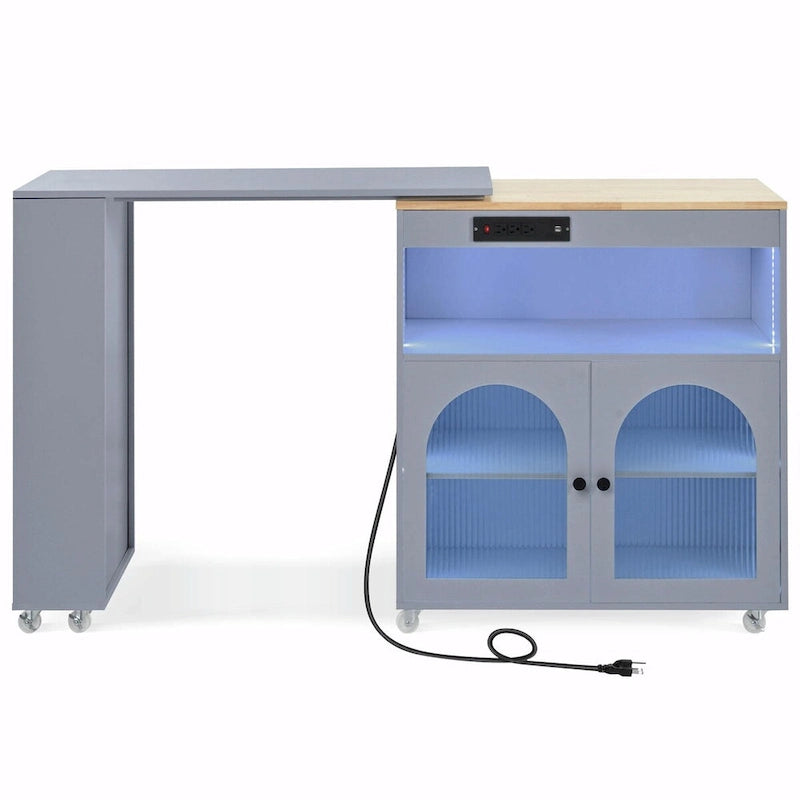 Îlot de cuisine roulant avec table extensible, portes en verre cannelé, casier à vin et prise de courant