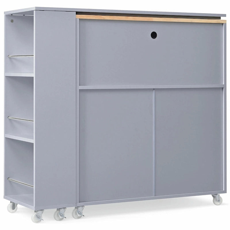 Îlot de cuisine roulant avec table extensible, portes en verre cannelé, casier à vin et prise de courant