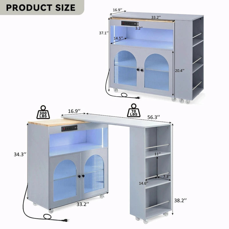 Îlot de cuisine roulant avec table extensible, portes en verre cannelé, casier à vin et prise de courant