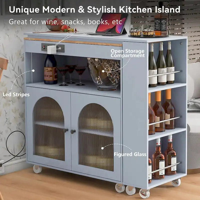 Îlot de cuisine roulant avec table extensible, portes en verre cannelé, casier à vin et prise de courant