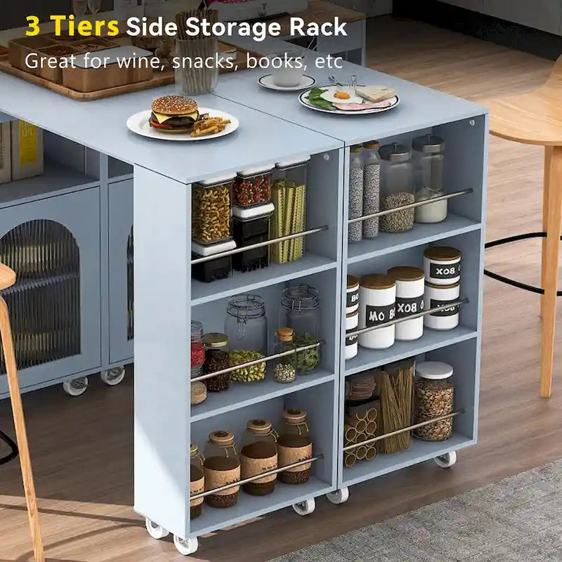 Îlot de cuisine roulant avec table extensible, portes en verre cannelé, casier à vin et prise de courant