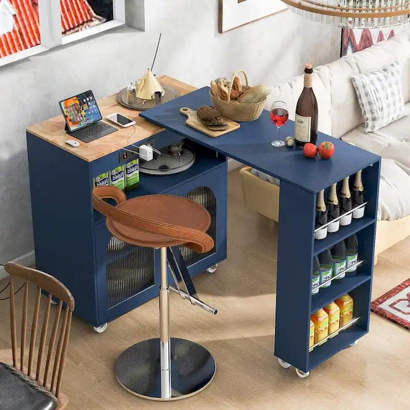 Îlot de cuisine roulant avec table extensible, portes en verre cannelé, casier à vin et prise de courant