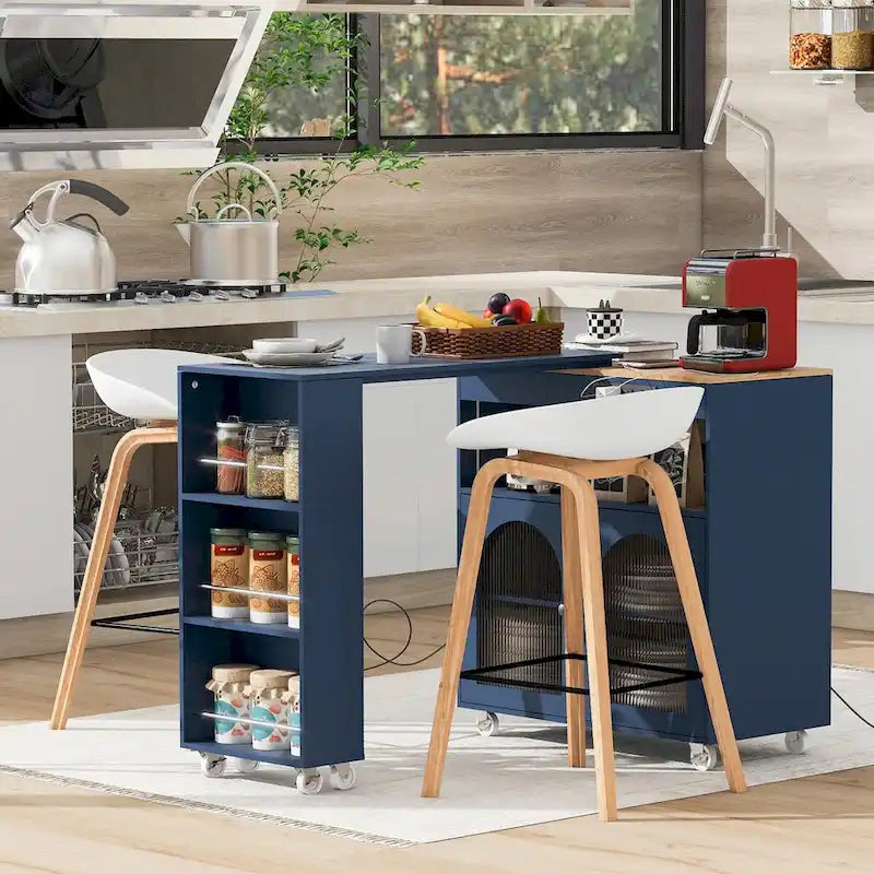 Îlot de cuisine roulant avec table extensible, portes en verre cannelé, casier à vin et prise de courant