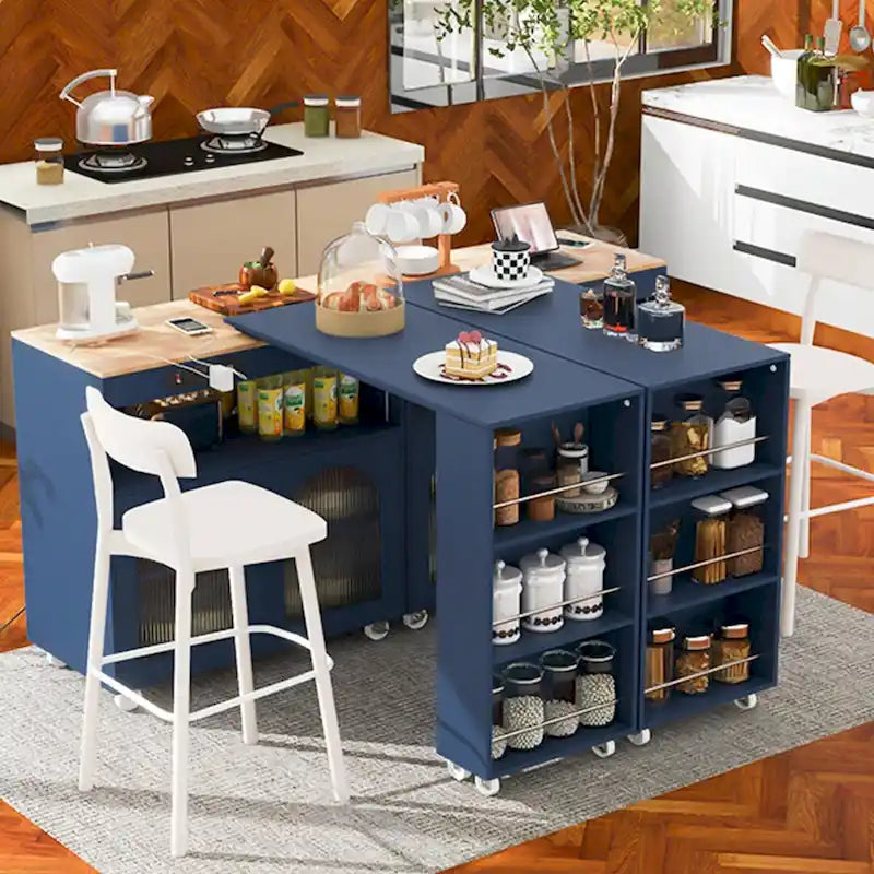 Îlot de cuisine roulant avec table extensible, portes en verre cannelé, casier à vin et prise de courant