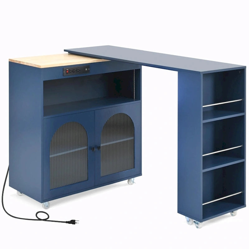 Îlot de cuisine roulant avec table extensible, portes en verre cannelé, casier à vin et prise de courant