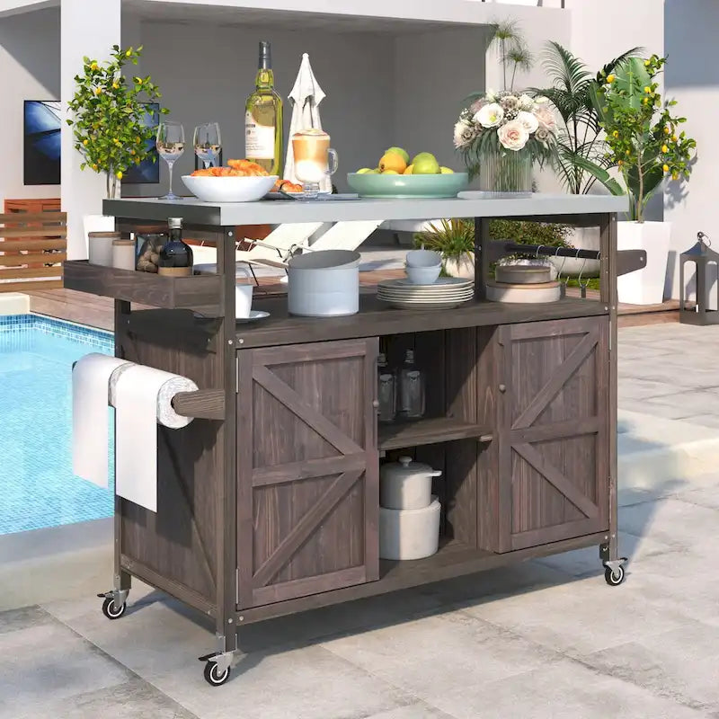 Desserte de cuisine roulante d'extérieur avec plateau en bois de sapin massif, acier inoxydable et porte-épices