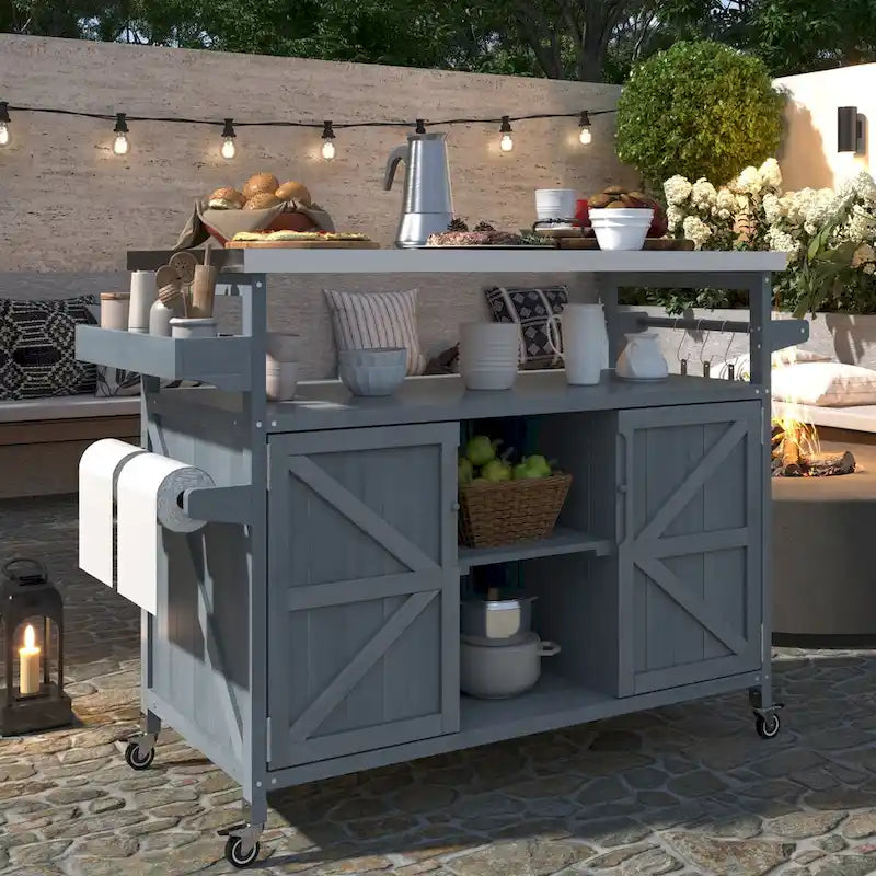 Desserte de cuisine roulante d'extérieur avec plateau en bois de sapin massif, acier inoxydable et porte-épices