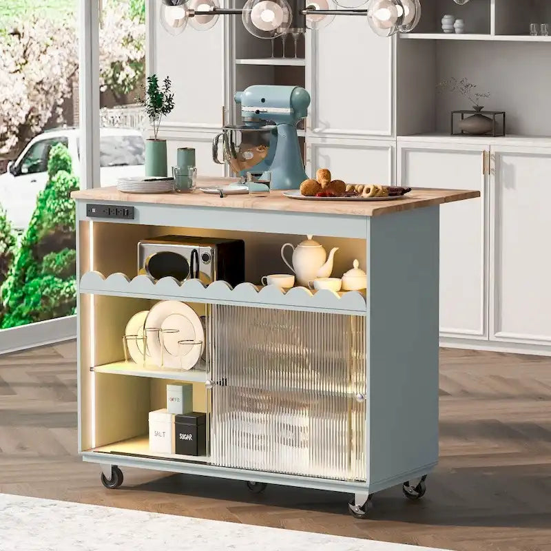 Îlot de cuisine roulant avec lumières LED, portes vitrées coulissantes, plateau abattant et prises électriques