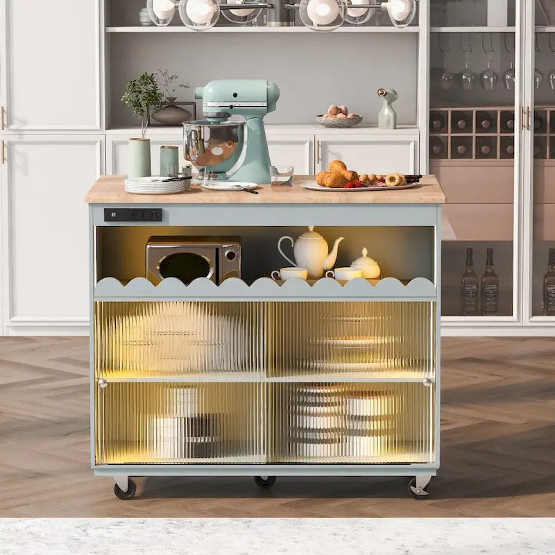 Îlot de cuisine roulant avec lumières LED, portes vitrées coulissantes, plateau abattant et prises électriques