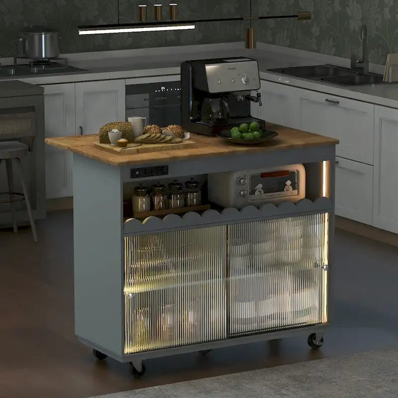 Îlot de cuisine roulant avec lumières LED, portes vitrées coulissantes, plateau abattant et prises électriques