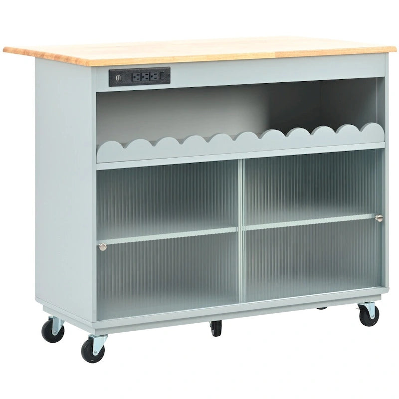 Îlot de cuisine roulant avec lumières LED, portes vitrées coulissantes, plateau abattant et prises électriques