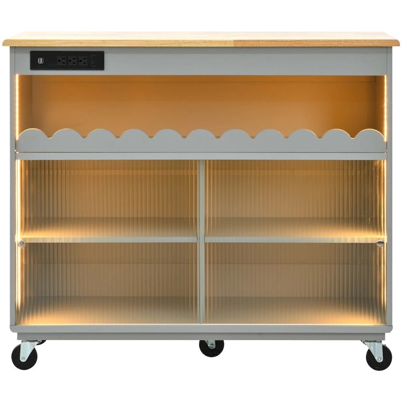Îlot de cuisine roulant avec lumières LED, portes vitrées coulissantes, plateau abattant et prises électriques