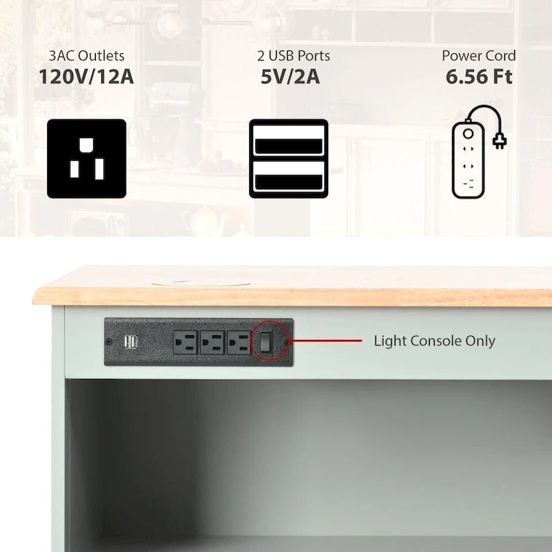 Îlot de cuisine roulant avec lumières LED, portes vitrées coulissantes, plateau abattant et prises électriques
