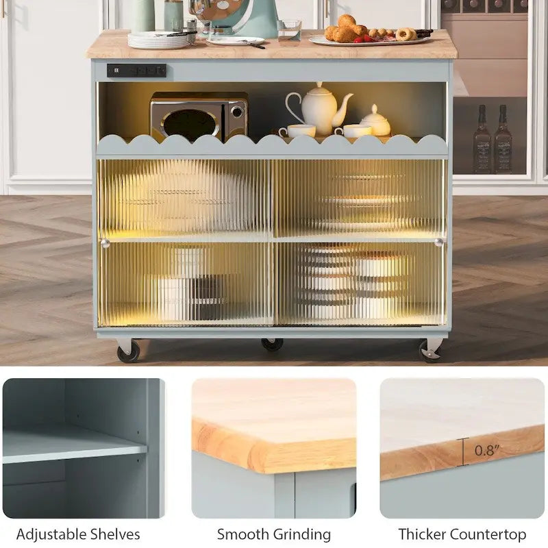 Îlot de cuisine roulant avec lumières LED, portes vitrées coulissantes, plateau abattant et prises électriques