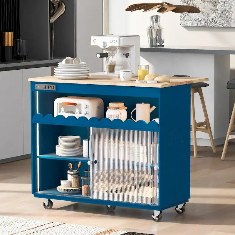 Îlot de cuisine roulant avec lumières LED, portes vitrées coulissantes, plateau abattant et prises électriques