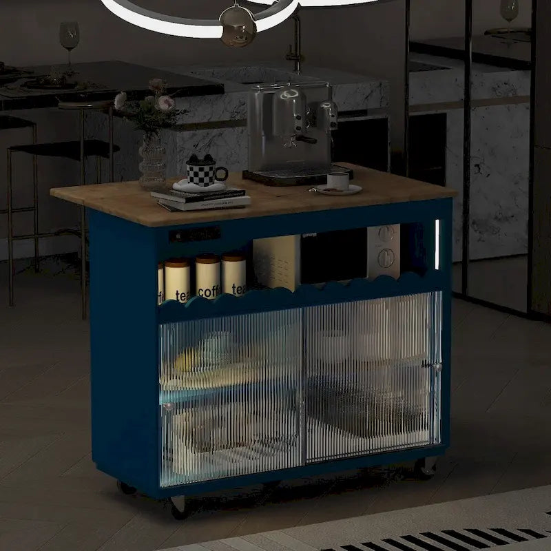 Îlot de cuisine roulant avec lumières LED, portes vitrées coulissantes, plateau abattant et prises électriques