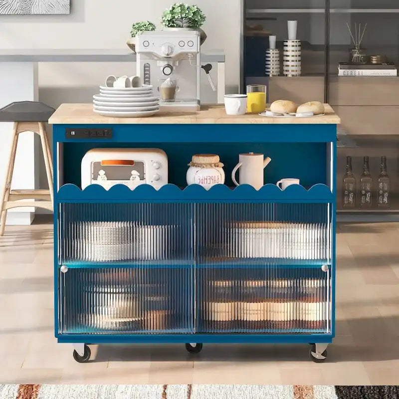 Îlot de cuisine roulant avec lumières LED, portes vitrées coulissantes, plateau abattant et prises électriques