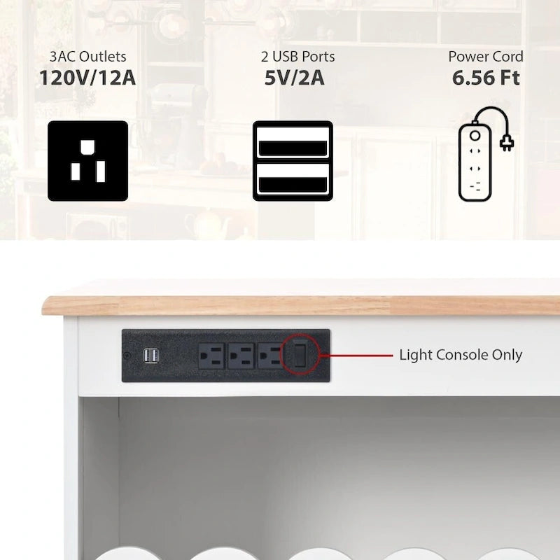 Îlot de cuisine roulant avec lumières LED, portes vitrées coulissantes, plateau abattant et prises électriques