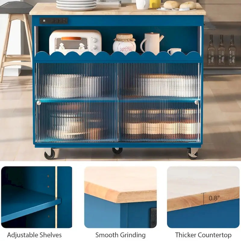 Îlot de cuisine roulant avec lumières LED, portes vitrées coulissantes, plateau abattant et prises électriques