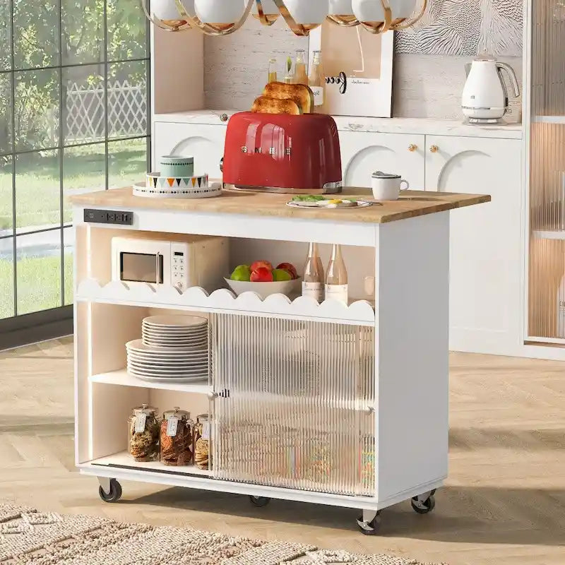 Îlot de cuisine roulant avec lumières LED, portes vitrées coulissantes, plateau abattant et prises électriques