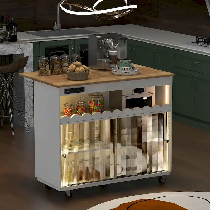 Îlot de cuisine roulant avec lumières LED, portes vitrées coulissantes, plateau abattant et prises électriques