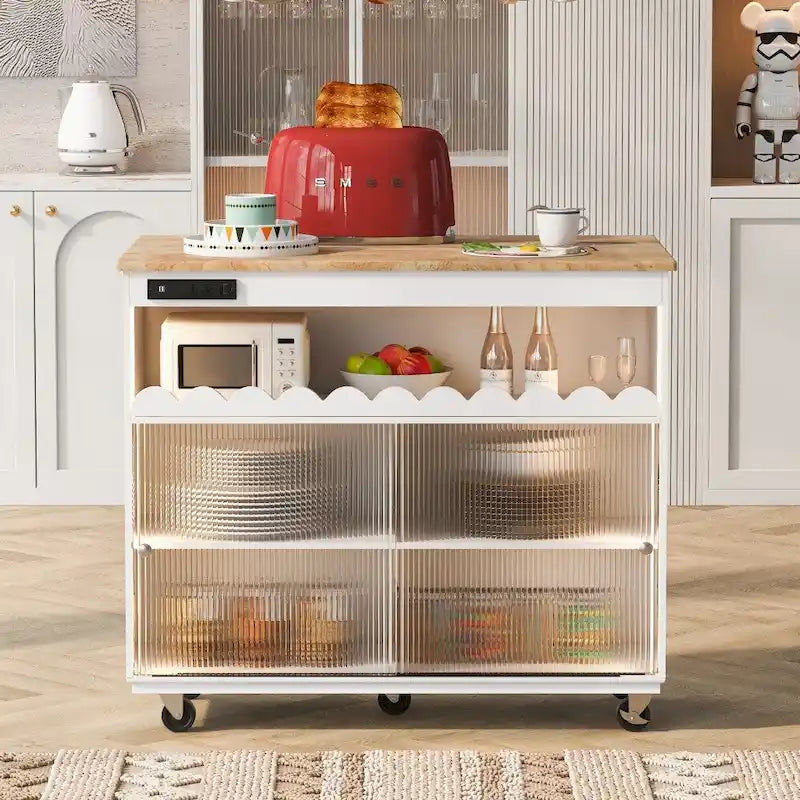 Îlot de cuisine roulant avec lumières LED, portes vitrées coulissantes, plateau abattant et prises électriques