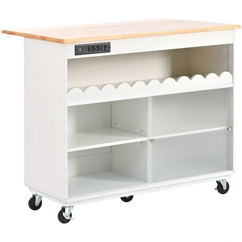 Îlot de cuisine roulant avec lumières LED, portes vitrées coulissantes, plateau abattant et prises électriques