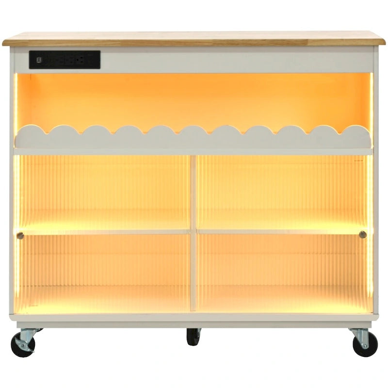 Îlot de cuisine roulant avec lumières LED, portes vitrées coulissantes, plateau abattant et prises électriques