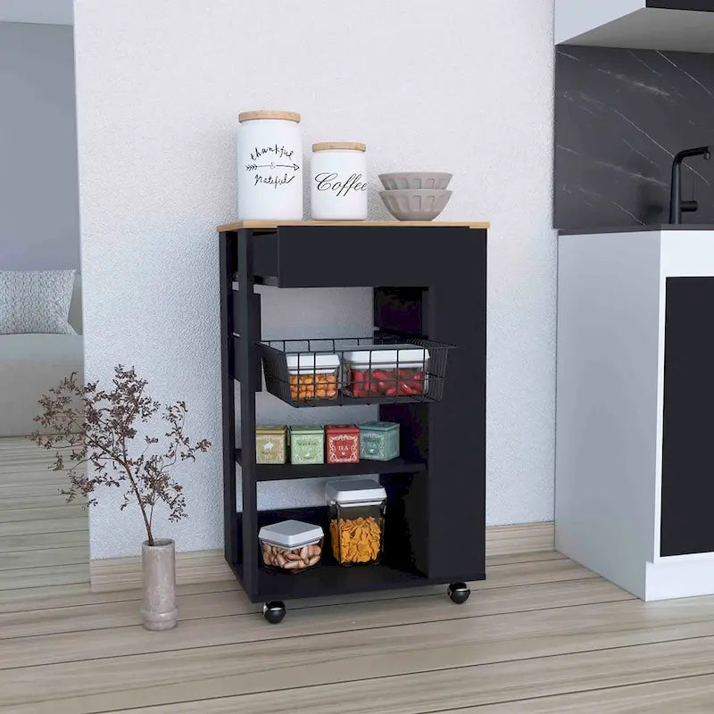 Desserte de cuisine roulante étroite avec plateau en chêne clair 1 tiroir 3 étagères ouvertes et casier latéral
