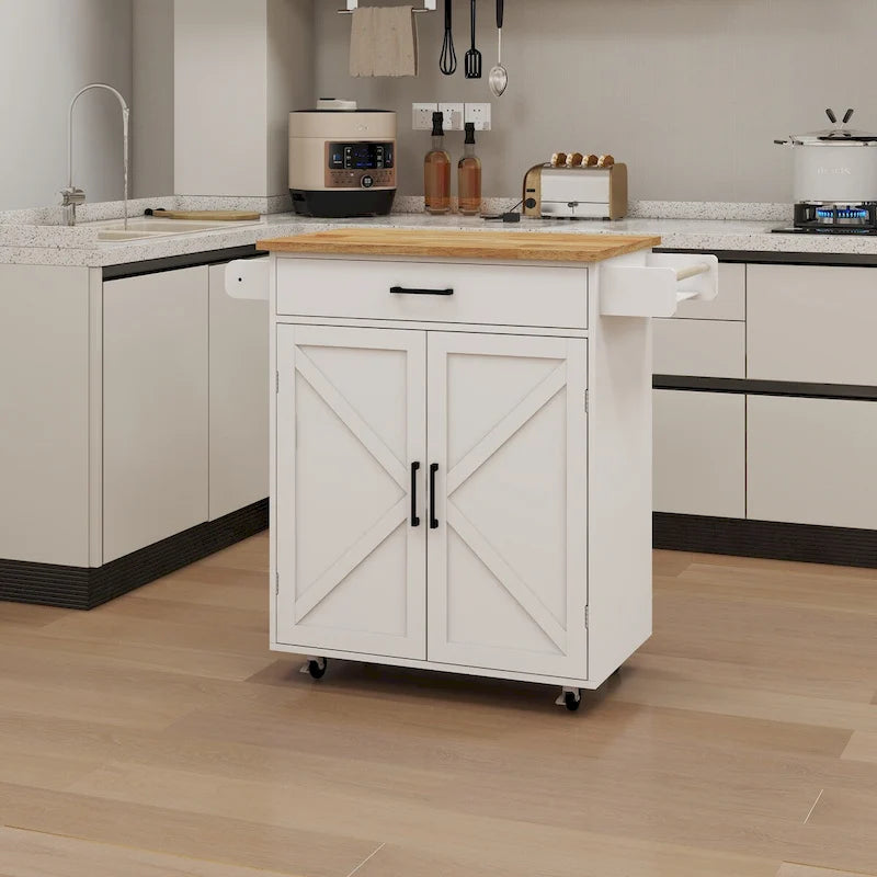 Desservante de cuisine îlot roulant style ferme blanche avec tiroir supérieur en bois d'hévéa et armoire avec porte de grange