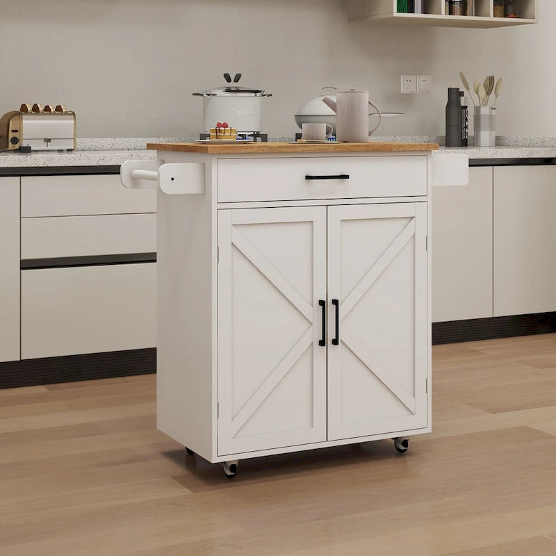 Desservante de cuisine îlot roulant style ferme blanche avec tiroir supérieur en bois d'hévéa et armoire avec porte de grange