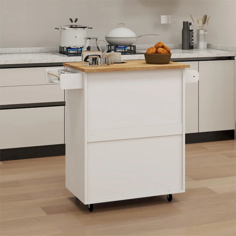 Desservante de cuisine îlot roulant style ferme blanche avec tiroir supérieur en bois d'hévéa et armoire avec porte de grange