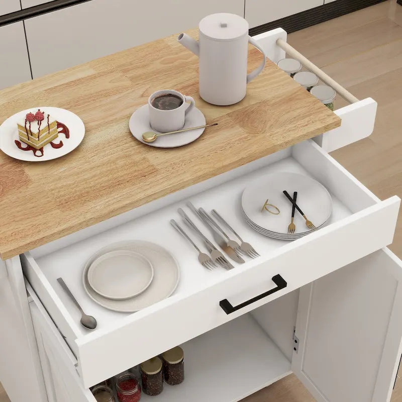 Desservante de cuisine îlot roulant style ferme blanche avec tiroir supérieur en bois d'hévéa et armoire avec porte de grange