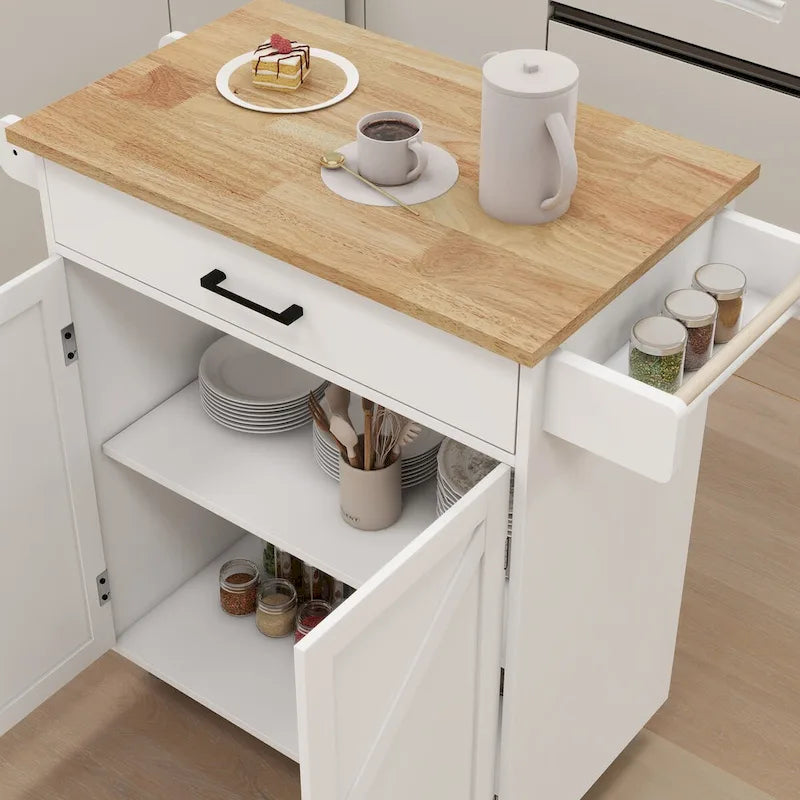 Desservante de cuisine îlot roulant style ferme blanche avec tiroir supérieur en bois d'hévéa et armoire avec porte de grange