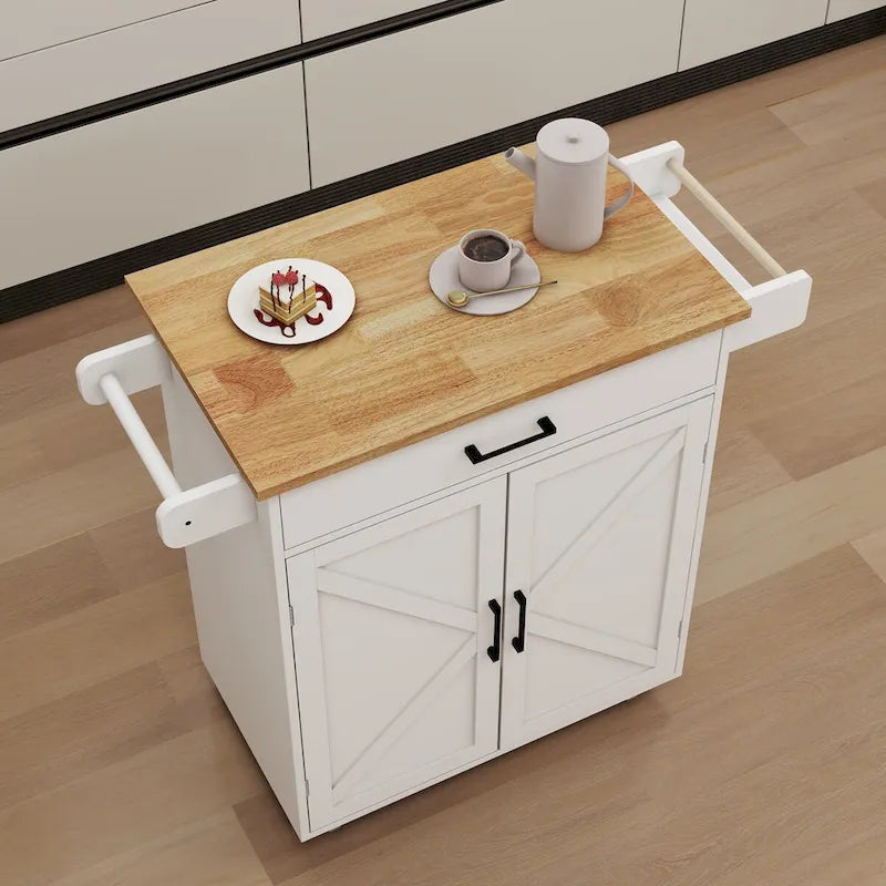 Desservante de cuisine îlot roulant style ferme blanche avec tiroir supérieur en bois d'hévéa et armoire avec porte de grange