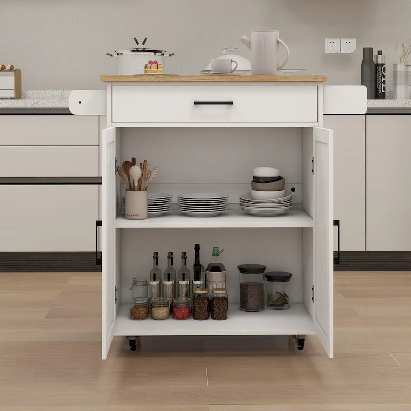 Desservante de cuisine îlot roulant style ferme blanche avec tiroir supérieur en bois d'hévéa et armoire avec porte de grange
