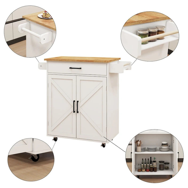 Desservante de cuisine îlot roulant style ferme blanche avec tiroir supérieur en bois d'hévéa et armoire avec porte de grange