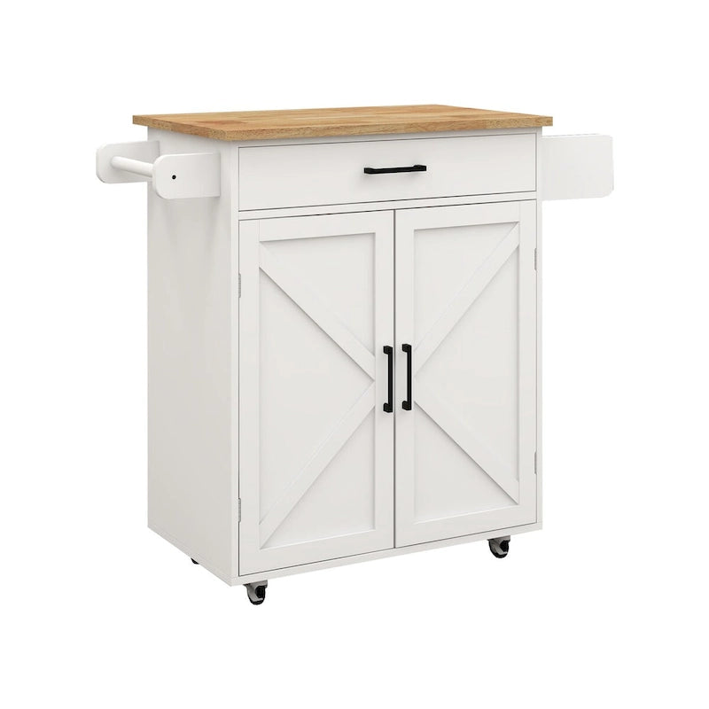 Desservante de cuisine îlot roulant style ferme blanche avec tiroir supérieur en bois d'hévéa et armoire avec porte de grange