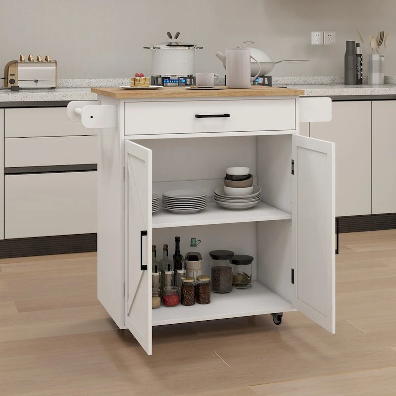 Desservante de cuisine îlot roulant style ferme blanche avec tiroir supérieur en bois d'hévéa et armoire avec porte de grange