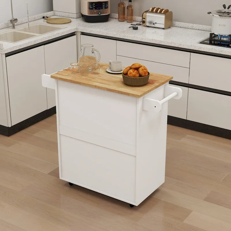 Desservante de cuisine îlot roulant style ferme blanche avec tiroir supérieur en bois d'hévéa et armoire avec porte de grange