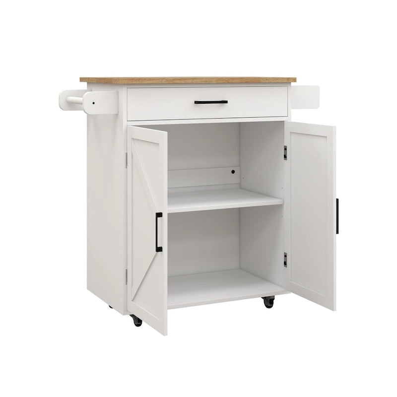 Desservante de cuisine îlot roulant style ferme blanche avec tiroir supérieur en bois d'hévéa et armoire avec porte de grange