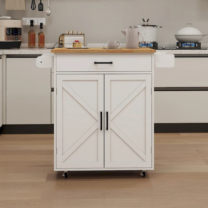 Desservante de cuisine îlot roulant style ferme blanche avec tiroir supérieur en bois d'hévéa et armoire avec porte de grange