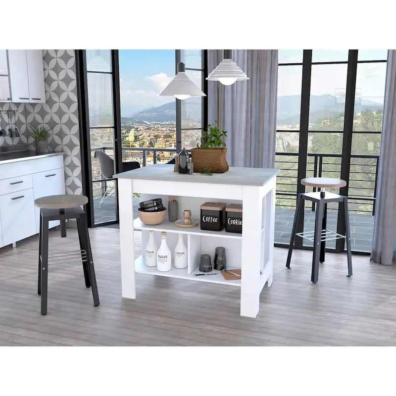 Îlot de cuisine de style transitionnel avec plateau en onyx foncé et 3 étagères ouvertes