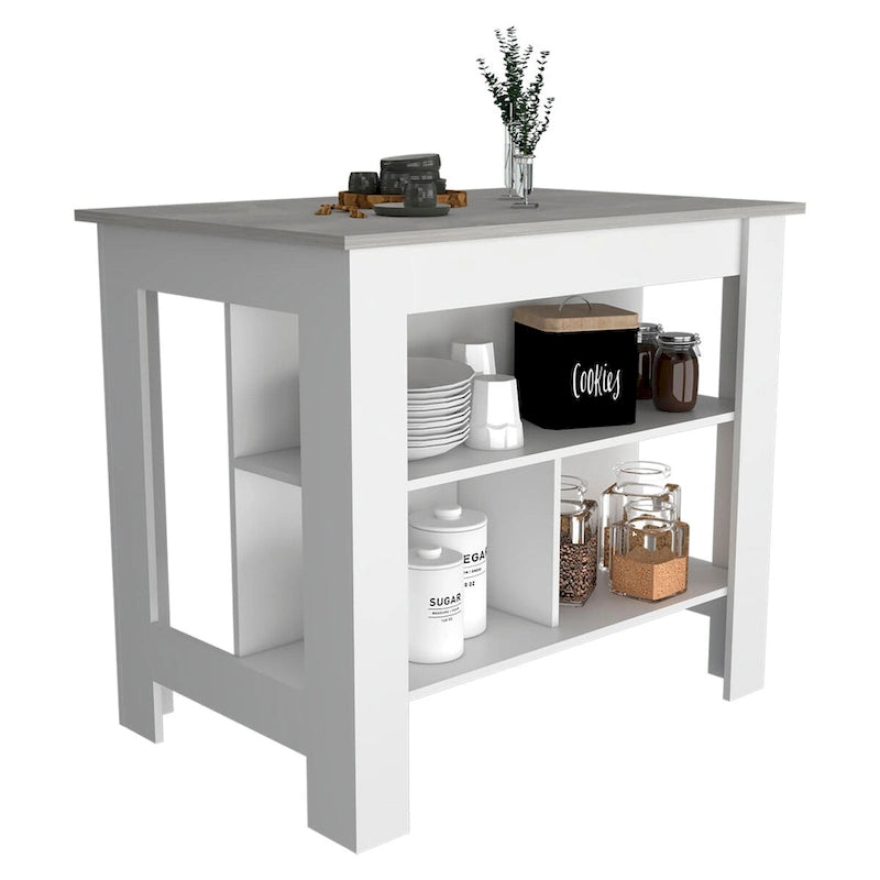 Îlot de cuisine de style transitionnel avec plateau en onyx foncé et 3 étagères ouvertes