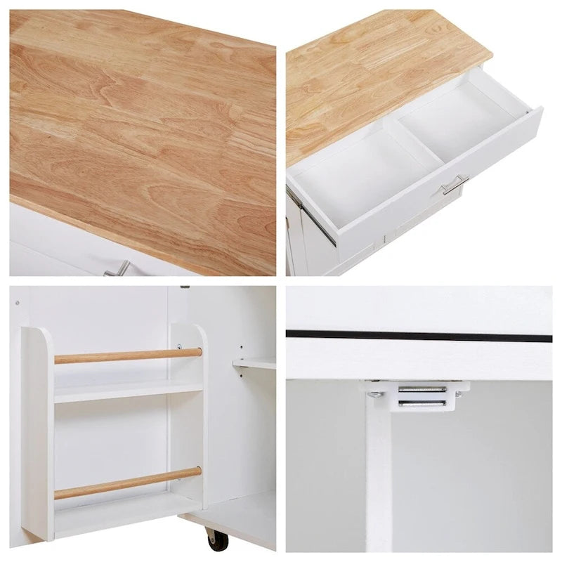 Desserte de cuisine roulante avec plateau rabattable en bois d'hévéa, tiroir, placard et porte-serviettes