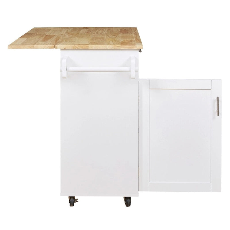 Desserte de cuisine roulante avec plateau rabattable en bois d'hévéa, tiroir, placard et porte-serviettes