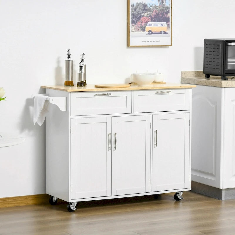 Desservante de cuisine à roulettes avec plateau en bois naturel, 2 tiroirs, 3 placards et porte-serviettes