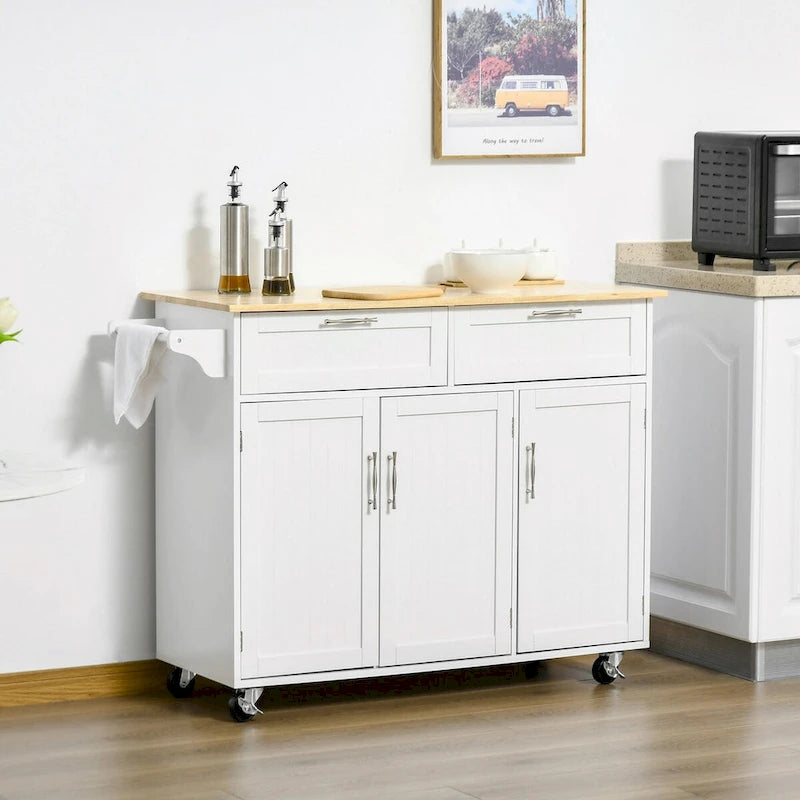 Desservante de cuisine à roulettes avec plateau en bois naturel, 2 tiroirs, 3 placards et porte-serviettes